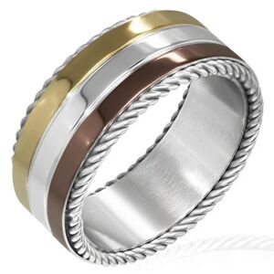 Trojbarevný prsten z oceli - točené lanko na okraji - Velikost: 59