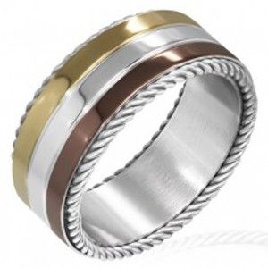 Trojbarevný prsten z oceli - točené lanko na okraji F7.18