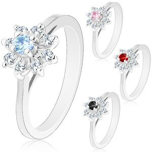 Třpytivý prsten se stříbrným odstínem, zúžená ramena, zirkonový kvítek - Velikost: 50, Barva: Světlemodrá