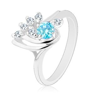 Třpytivý prsten - slza s hladkými obloučky, modrý kulatý zirkon, čirá linie - Velikost: 55
