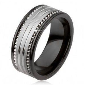Wolframový keramický černý prsten se stříbrným povrchem a proužky AB34.13