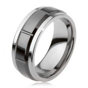 Wolframový prsten se zářezy, stříbrná barva, lesklý černý povrch AB34.11