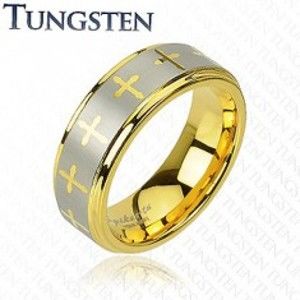 Wolframový prsten ve zlatém odstínu, křížky a pás stříbrné barvy, 8 mm Z39.1