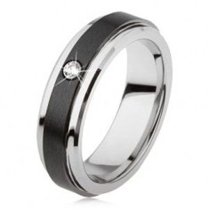 Wolframový prsten stříbrné barvy, černý keramický pás, zirkon AB33.13