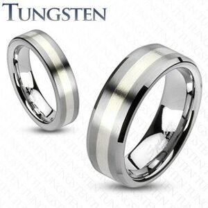 Wolframový prsten - matný šedý se stříbrným pásem - Šířka: 5 mm, Velikost: 67