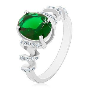 Zásnubní rhodiovaný prsten, stříbro 925, oválný zelený zirkon, blýskavé spirály - Velikost: 65