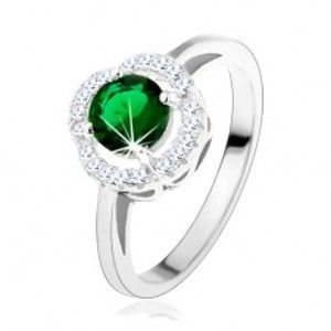 Zásnubní prsten, kulatý zelený zirkon, zvlněný lem čiré barvy, stříbro 925 HH3.13