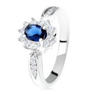 Zásnubní prsten ze stříbra 925, tmavě modrý oválný zirkon, čirý lem SP28.20