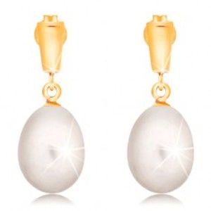 Zlaté 14K náušnice - visící oválná perla bílé barvy, lesklý proužek GG16.27