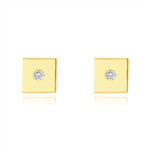 Zlaté 14K náušnice - hladký lesklý čtvereček, drobný kulatý zirkon, puzetové zapínání
