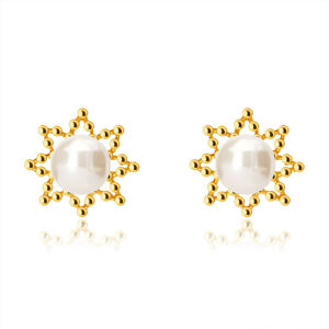 Zlaté 14K náušnice - obrys osmicípé hvězdičky, kulatá sladkovodní perla, puzetky