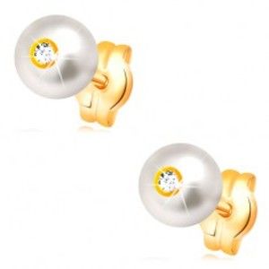 Zlaté náušnice 14K - kulatá bílá perla se vsazeným čirým zirkonem, 5 mm GG32.14