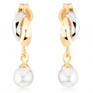 Zlaté náušnice 375 - dvoubarevné obloučky, bílá kulatá perlička