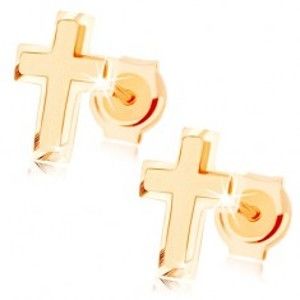 Zlaté náušnice 375 - malý latinský křížek, kombinace lesklého a matného povrchu