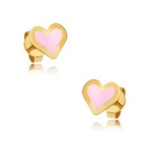 Zlaté náušnice 375 - plochá symetrická srdce, lesklý růžový email GG03.26
