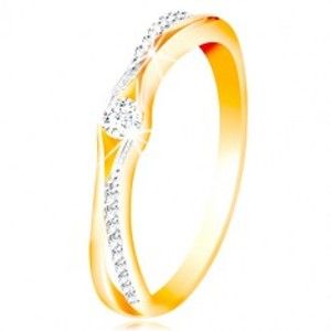 Zlatý 14K prsten, rozdělená ramena ze žlutého a bílého zlata, čiré zirkony GG213.41/47