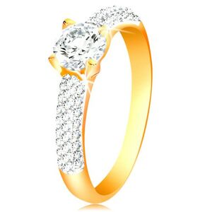 Zlatý 14K prsten - třpytivá ramena, vyvýšený kulatý zirkon čiré barvy - Velikost: 61