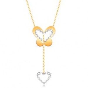 Zlatý 9K náhrdelník - motýl s výřezem a visící konturou srdíčka na řetízku