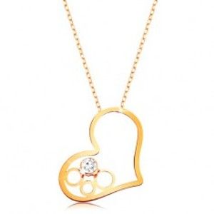 Zlatý 9K náhrdelník - tenký řetízek, kontura srdce s kruhy a čirým zirkonem GG194.32