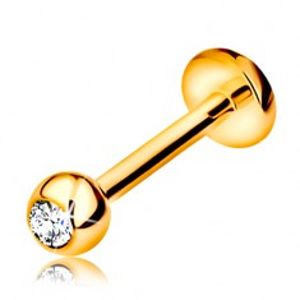 Zlatý 9K piercing do rtu a brady - labret s kuličkou se zirkonem a kolečkem, 8 mm