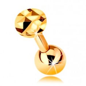 Zlatý 9K piercing do ucha - lesklá rovná činka s kuličkou a broušeným kolečkem, 5 mm