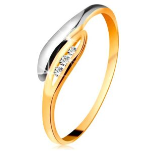 Zlatý diamantový prsten 585 - dvoubarevné zahnuté lístečky, tři čiré brilianty - Velikost: 50