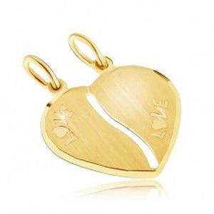 Zlatý dvojpřívěsek 585 - saténové srdce, nápis LOVE, podlouhlý výřez GG30.09