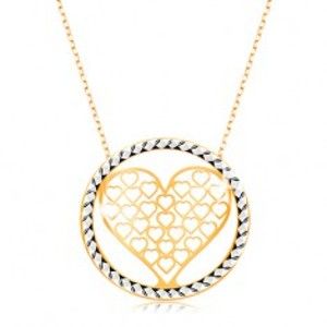 Zlatý náhrdelník 375 - řetízek z oválných oček, vyřezávané srdce v kruhu GG194.33
