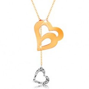 Zlatý náhrdelník 585 - jemný řetízek, dvojitá kontura srdce a visící srdíčko GG160.07