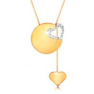 Zlatý náhrdelník 585 - jemný řetízek, lesklý plochý kruh, kontura srdce z bílého zlata GG160.01