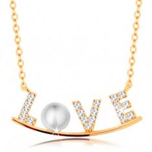 Zlatý náhrdelník 585 - zirkonový nápis LOVE na lesklém oblouku, bílá perla GG139.25
