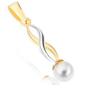 Zlatý přívěsek 375 - lesklé dvoubarevné vlnky, kulatá perla bílé barvy GG46.10