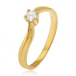 Zlatý prsten 585 - lesklá zvlněná ramena, prohlubeň, čirý kamínek GG14.41