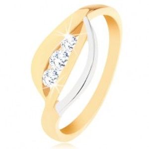 Zlatý prsten 375 - dvoubarevné zvlněné linie, tři kulaté zirkony čiré barvy GG56.01/40/28/30/177.02