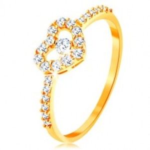 Zlatý prsten 375 - zirkonová ramena, blýskavý čirý obrys srdce se zirkonem GG118.25
