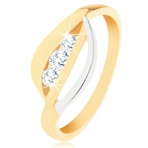 Zlatý prsten 375 - dvoubarevné zvlněné linie, tři kulaté zirkony čiré barvy - Velikost: 55