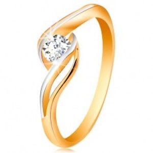 Zlatý prsten 585 - čirý zirkon, dvoubarevná, rozdělená a zvlněná ramena GG190.56/63