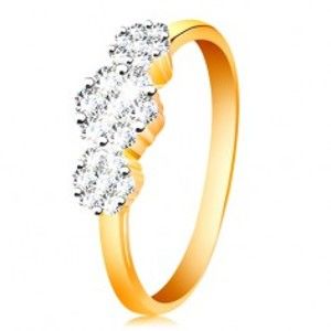 Zlatý prsten 585 - tři blýskavé květy z čirých zirkonů, tenká lesklá ramena GG199.39/45