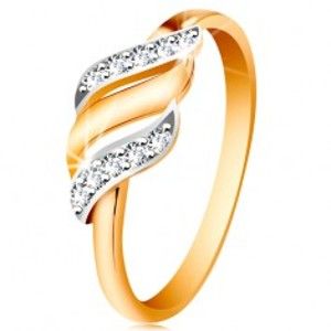 Zlatý prsten 585 - tři vlnky z bílého a žlutého zlata, třpytivé čiré zirkony GG190.48/55