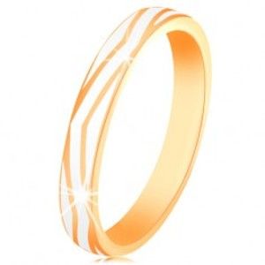 Zlatý prsten 585 - zvlněné pásy z lesklé bílé glazury, hladký povrch GG132.02