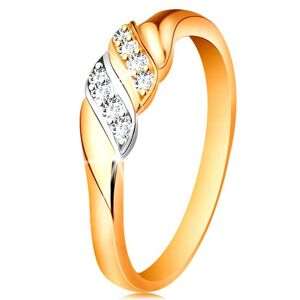 Zlatý prsten 585 - dvě vlnky z bílého a žlutého zlata, třpytivé čiré zirkony - Velikost: 58