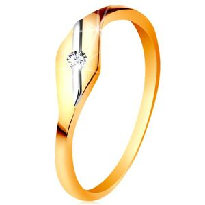 Zlatý prsten 585 - lesklé zrnko, šikmá linie z bílého zlata a čirý zirkonek - Velikost: 59