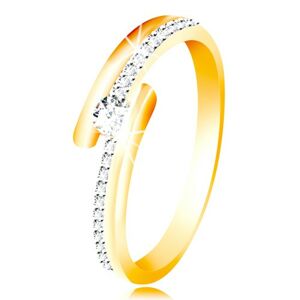 Zlatý prsten 585 - rozdvojená ramena, vystouplý kulatý zirkon čiré barvy - Velikost: 52
