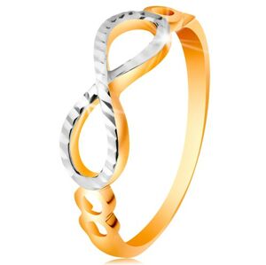 Zlatý prsten 585 - symbol nekonečna zdobený bílým zlatem a zářezy - Velikost: 49