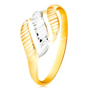 Zlatý prsten 585 - tři vlnky ze žlutého a bílého zlata, blýskavé zářezy - Velikost: 58