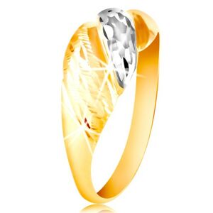 Zlatý prsten 585 - vypouklé pásy žlutého a bílého zlata, blýskavé rýhy - Velikost: 57