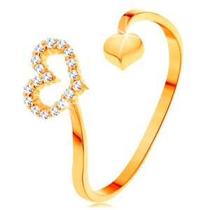 Zlatý prsten 585 - zvlněná ramena ukončená obrysem srdce a plným srdíčkem - Velikost: 61