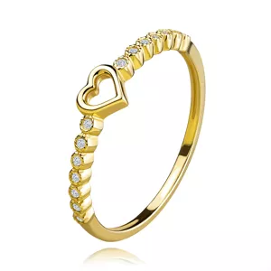 Zlatý prsten z 9K žlutého zlata - obrys srdce, čiré zirkonové květy - Velikost: 49
