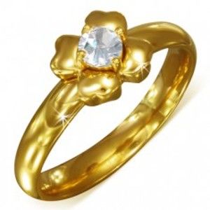 Zlatý prsten z chirurgické oceli s čirým zirkonem - květ BB3.2