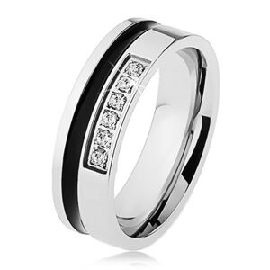 Zrcadlově lesklý ocelový prsten stříbrné barvy, černý pruh, linie zirkonů - Velikost: 63
